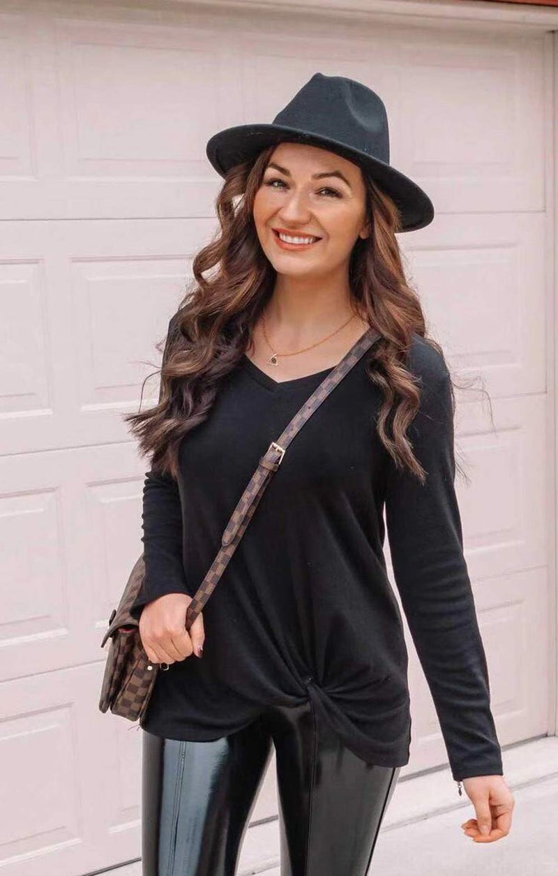 Lanzom Womens Classic Wide Brim Floppy Panama Hat Belt Buckle Wool Fedora Hat (One Size, Black) - Image 4